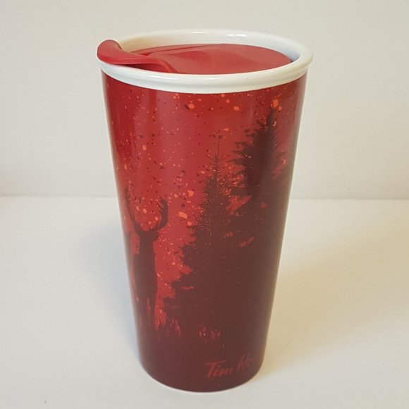 Tim Hortons 2017 Travel Mug Lidded Tumbler Deer Elk Trees Winter Holiday Red - Picture 3 of 16
